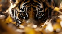 Majestic tiger cub with striking amber eyes peering through golden autumn leaves in natural habitat. Wildlife photography capturing predator's intense gaze and facial markings.