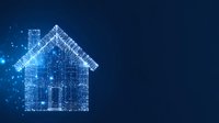 Digital house silhouette made of glowing blue light particles on dark background, representing smart home technology and digital real estate.