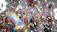 Holographic confetti with rainbow prisms falling through air creating magical celebration atmosphere for party events and festive occasions.