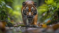 Majestic Bengal tiger walking through lush green forest, focused gaze ahead as it moves along forest floor with fallen autumn leaves, displaying powerful predatory stance.
