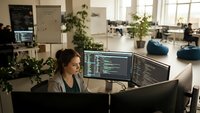 Young female software developer coding on dual monitors in modern open office workspace with plants and natural lighting for tech startup projects.