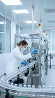 Female scientist in white lab coat operating pharmaceutical manufacturing equipment in sterile cleanroom facility for drug production and quality control.