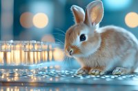 Adorable light brown bunny sitting near glowing candles with bokeh lights creating magical atmosphere. Soft focus portrait of young rabbit against blurred festive background.