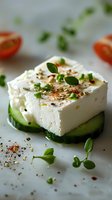 Fresh feta cheese cube on sliced cucumber garnished with microgreens, herbs and spices. Healthy Mediterranean appetizer perfect for restaurant menu or food blog.