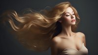 Young Caucasian woman with flowing blonde hair against dark background, wearing strapless dress, eyes closed with natural makeup, hair in motion. For beauty and fashion advertising.