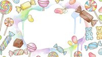 Colorful candy frame with lollipops, gummy bears, chocolates and sweets creating border on white background for confectionery designs and sweet treats marketing.