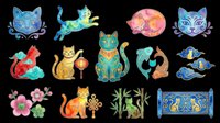 Colorful Asian-style cat clipart set with lucky cats, koi fish, bamboo, and floral elements, isolated on transparent background, ready for stickers, T-shirts, and print on demand.