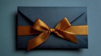 Elegant black envelope decorated with luxurious golden satin ribbon bow on dark background, suitable for wedding invitations and special occasions.