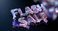 Flash sale text formed by crystalline structure with iridescent reflections and purple-blue light effects on dark background, macro photography closeup.