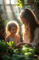 Mother and daughter gardening together in greenhouse with warm sunlight, teaching child about plants and nature in sustainable organic environment.