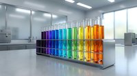 Colorful chemical test tubes arranged in spectrum order from purple to red in modern laboratory setting for scientific research and experimentation.
