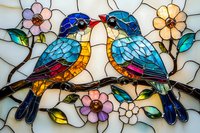 Stained glass mosaic featuring pair of colorful kingfisher birds perched on branch amid delicate flowers, artistic home decor piece with vibrant blues and golds.