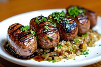 Grilled sausages with caramelized onions and fresh herbs served on white plate, juicy meat with char marks and glossy sauce, garnished with parsley.