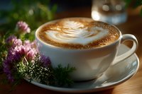 Creamy latte with heart-shaped foam art in white ceramic cup, accompanied by fresh purple wildflowers on wooden table in warm ambient lighting.