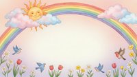 Cheerful sun with smiling face and colorful rainbow arcing over spring flower garden with butterflies and fluffy clouds on soft pastel background.