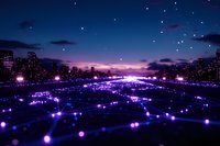 Futuristic digital landscape with glowing purple grid lines stretching to horizon against dark cityscape silhouette and starry night sky with pink sunset clouds.