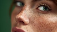 Close-up portrait of young Caucasian woman with natural freckles and green eyes against emerald background for beauty and skincare concepts.