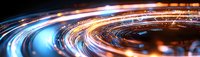 Glowing curved light trails creating dynamic motion effect against dark background, blue and orange streaks of light in circular pattern forming futuristic panorama.