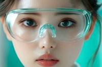 Close up portrait of young Asian woman wearing protective transparent safety goggles against turquoise background, focusing on eyes and natural makeup look.