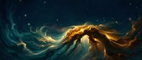 Ethereal golden and teal energy waves swirl around a mountain peak against a starry night sky, creating a mystical cosmic landscape with flowing light effects.