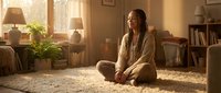 Woman with long braided hair sitting cross-legged on carpet in warm, sunlit living room with plants, lamps, and bookshelves for meditation, wellness, and home lifestyle content.