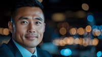 Professional Asian businessman in suit smiling confidently at night with city lights bokeh background for corporate marketing and business success concepts.