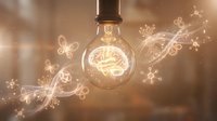 Glowing light bulb with illuminated brain filament surrounded by magical butterflies and sparkles on warm bokeh background for creativity concepts.