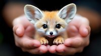 Adorable fennec fox cub with large ears and bright eyes held gently in cupped hands against dark background, showing caring wildlife connection.