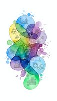 Colorful watercolor circles with business icons and charts creating abstract corporate design for presentations and marketing materials.