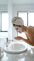 Young woman with medium skin tone applying facial clay mask in modern bathroom, rinsing face at sink with water. Skincare routine and beauty treatment concept.