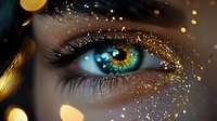 Mesmerizing close-up of bright blue eye with gold glitter makeup and sparkles against dark background, capturing magical beauty and artistic fashion expression.