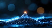 Glowing particles form luminous wave with bright peak against dark background, creating magical abstract landscape with bokeh effect and light dots.