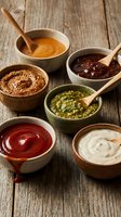 Assorted gourmet sauces and condiments in rustic ceramic bowls with wooden spoons on weathered wood background for culinary cooking and food preparation.