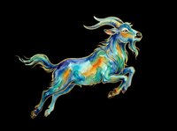 Colorful stylized goat leaping with flowing mane and tail in blue, gold, and green tones. Isolated on transparent background, ready for t-shirts, stickers, clipart, and print-on-demand designs.