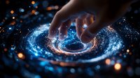 Mystical hand touching glowing spiral galaxy vortex with blue light particles and orange bokeh effects against dark background, cosmic digital art concept.
