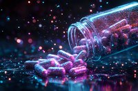 Glowing pink and blue magical sparkles spilling from glass jar on dark reflective surface with bokeh lights and mystical atmosphere. Dreamy fantasy concept.