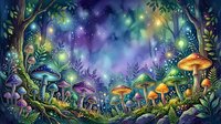 Enchanted forest clearing with glowing mushrooms, magical lights, and mystical atmosphere for fantasy artwork and game design.