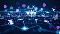 Digital network connections with glowing hexagonal icons and data visualization elements on dark blue technology background for business presentations.