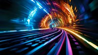 Abstract light trails in tunnel with blue and orange neon glowing streaks creating futuristic motion effect, speed movement through underground railway path.