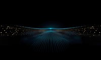 Glowing particles and light rays form futuristic horizon line against dark background, creating dynamic perspective with scattered illuminated dots and blue glow effect.
