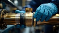 Laboratory technician in blue protective gloves working with metal equipment and glass container in scientific research facility. Close up view of precise work.