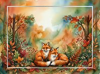 Watercolor autumn fox family resting among colorful fall foliage and forest plants with warm seasonal tones for nature themed designs.