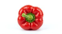 Fresh red bell pepper with green stem isolated on white background, suitable for food, cooking, nutrition, and culinary design projects.