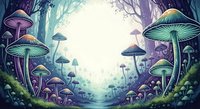 Enchanted forest pathway lined with oversized luminescent mushrooms in purple and green tones, creating a magical woodland scene with misty light filtering through tall trees and glowing fungi for fantasy and nature-inspired designs.