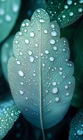 Macro shot of green leaf with morning dew drops creating natural pattern. Water droplets on plant surface show nature details in turquoise tones.