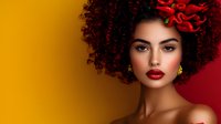 Young African American woman with natural curly afro hair, red flower accessory, red lipstick and glamorous makeup against vibrant yellow and red background, fashion portrait.