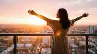 Young woman with arms outstretched celebrating freedom on city balcony at golden hour sunrise, expressing joy and achievement against urban skyline backdrop.