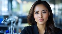 Young Asian female scientist in laboratory wearing black blazer, confident professional portrait with research equipment and microscope in background. Natural lighting.