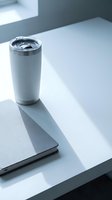 White insulated tumbler with stainless steel lid on desk next to notebook in bright sunlight. Perfect for beverage mockups, office lifestyle, and product presentations.