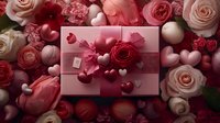 Romantic pink gift box decorated with red roses, hearts and floral arrangement creates luxurious Valentine's Day or anniversary celebration composition.